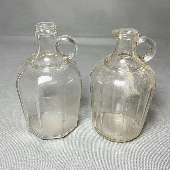 LOT 2 Vintage Glass Jugs Syrup Bottle w/Pour Spout & Handle-Paneled Glass-UV - Picture 1 of 15